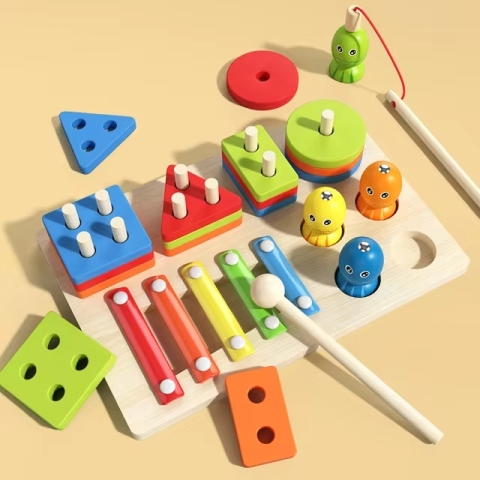 Jouet Éducatif en Bois 3-en-1 : Formes, Xylophone et Jeu de Pêche Magnétique