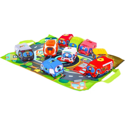 Tapis circuit + 4 véhicules en tissu